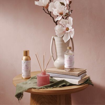 Thymes Magnolia Willow Petite Reed Diffuser in pink blown glass